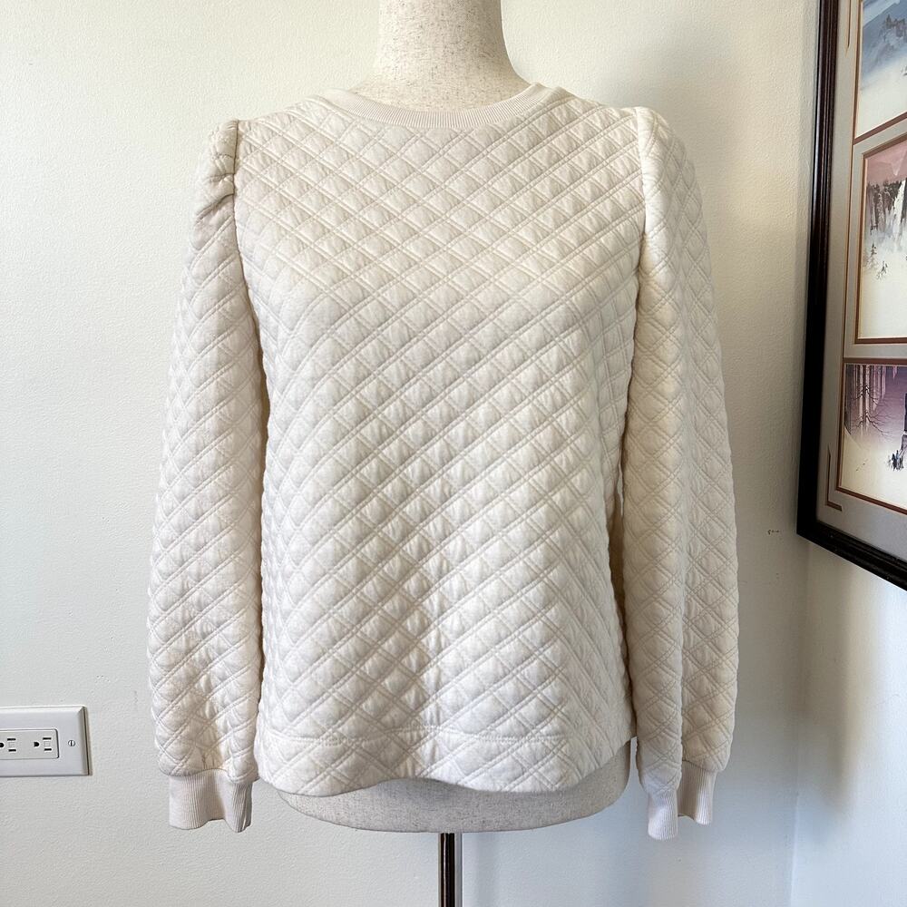 LOFT Quilted Puff Sleeve Top Blouse Long Sleeve Petite S‎ Ivory White Minimalist